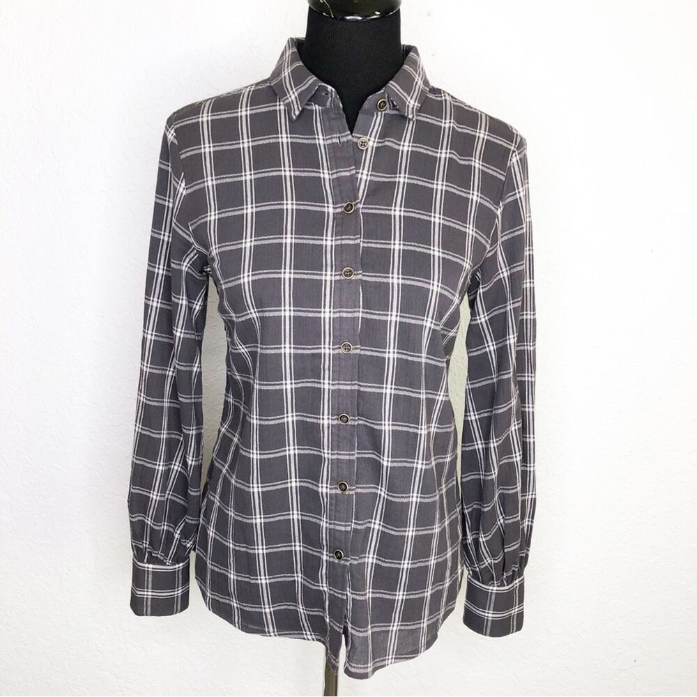 Garnet Hill gray white plaid‎ button down top size 2